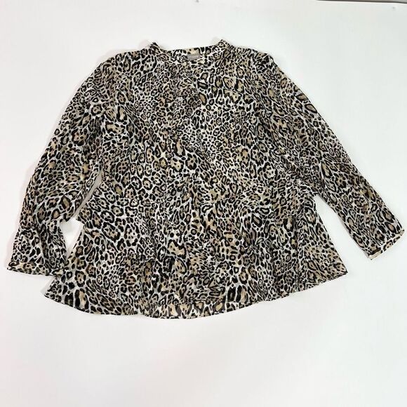 Chico's Shirt Womens Large Ruffle Cheetah Woven Animal Print NEW Long Sleeve - Picture 1 of 9